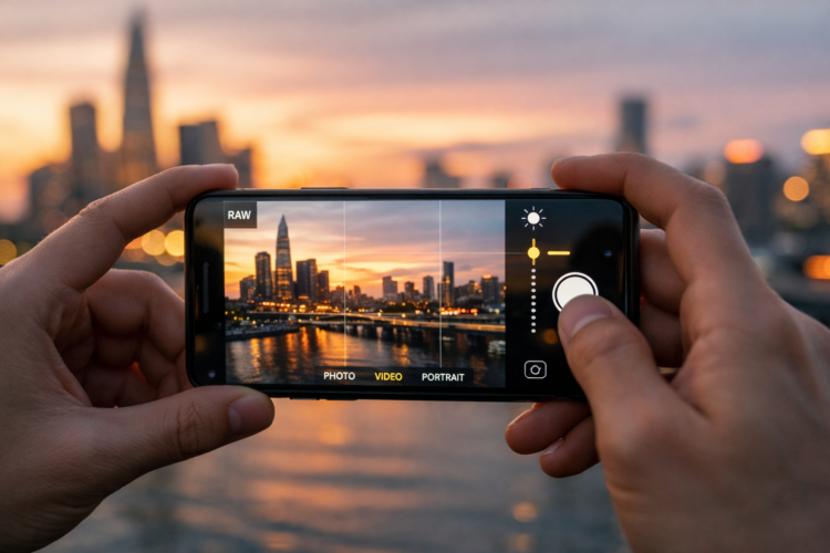 zdjęcie robione smartfonem z ustawieniami aparatu i siatką kadrowania